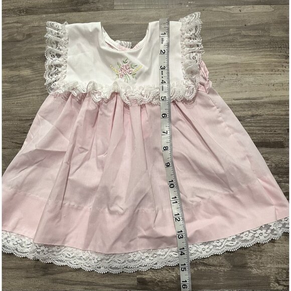 Vintage Girl's Dress 6 Months Party Floral Pink White Bib Lace Trim Flower 90s - Picture 5 of 7